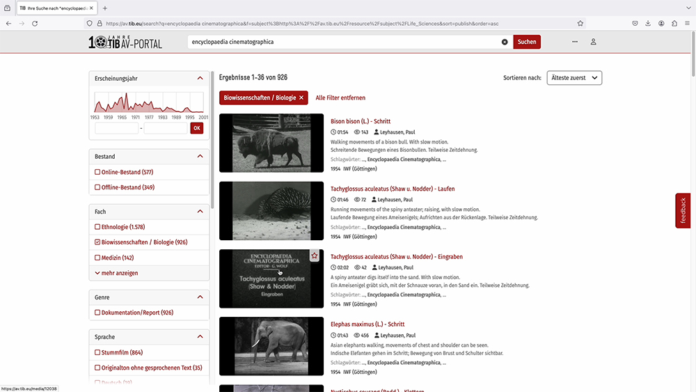 Webseite eines Online-Archivs mit Tierfilmen